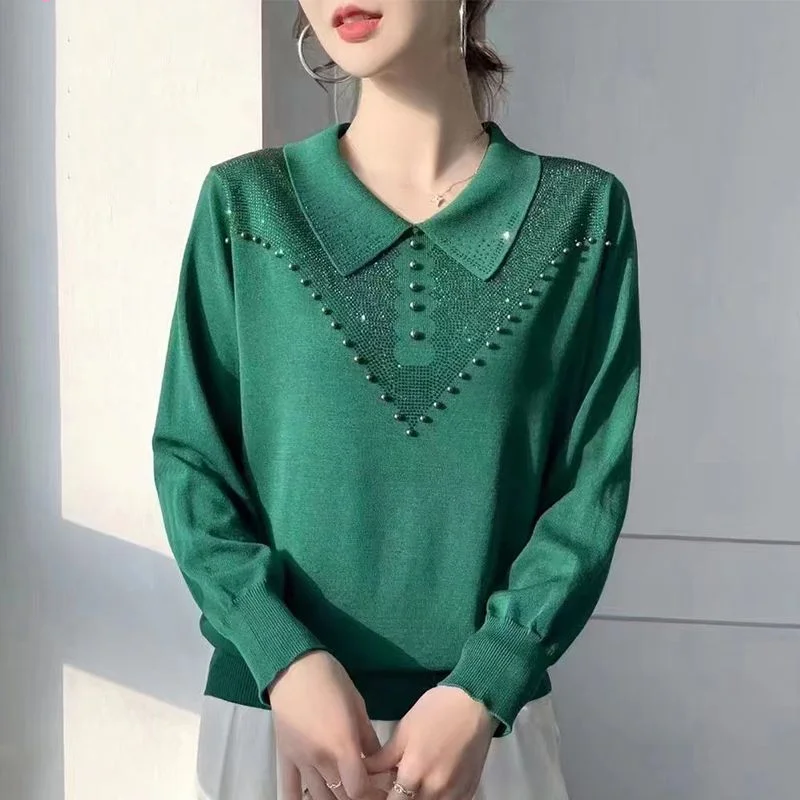 Spring Autumn New Solid Color Doll Collar Long Sleeve Ice Silk Fabric Knitting Pullovers Women Diamonds Embroidered Flares Tops