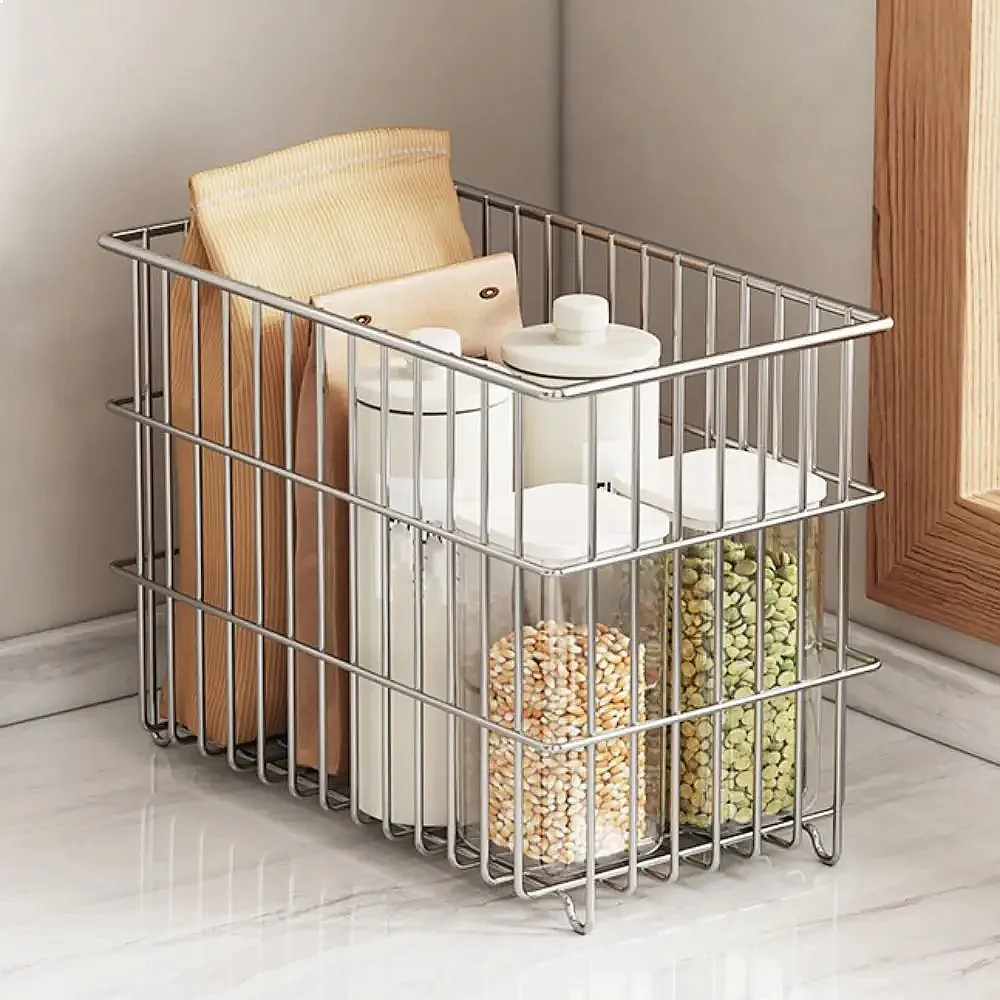 304 Stainless Steel Kitchen Storage Basket Stackable Rust-proof Kitchen Drain Basket Ventilated Higher Feet Cabinet Organizer