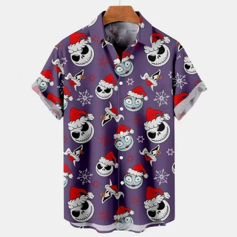 Christmas Men\'s Shirt Skull And Devil Graphic Short-Sleeved Printed Tshirt Loose Lapel Button Shirt Beach Party Clothing Men Top