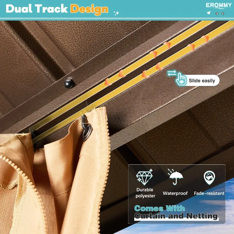 شرفة صلبة مقاس 10 × 12 قدم، إطار من الألومنيوم مع سقف مزدوج من الفولاذ، جناح خارجي مع ستارة وشبكة #5