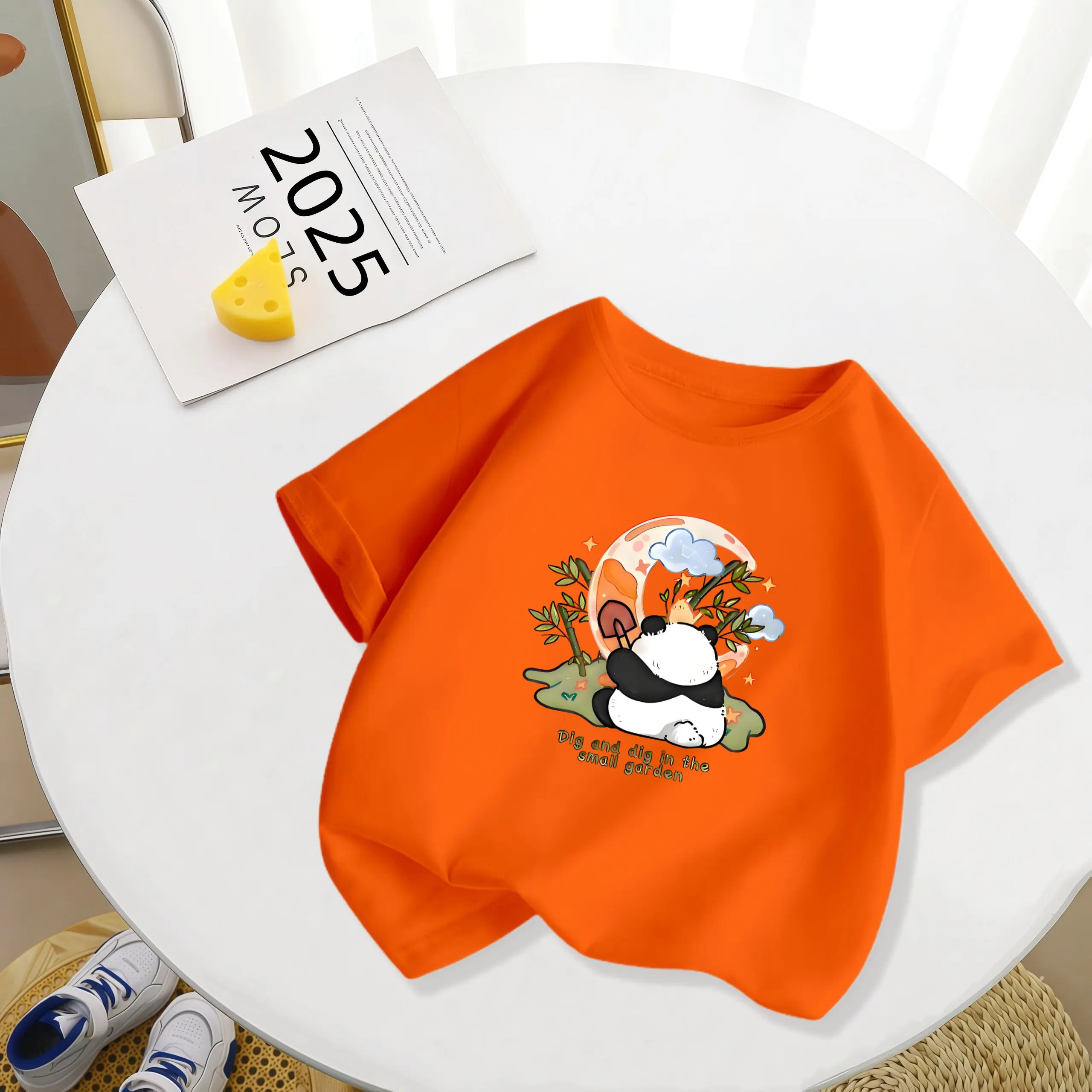 2026 New Cartoon Panda Short Sleeved Children's Stylish Summer Breathable T-shirt for Boys and Girls, Top for Parent-child Wear