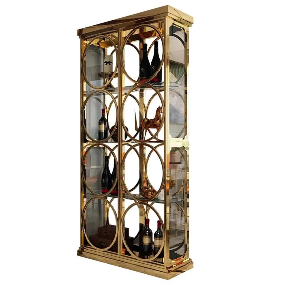 

Luxury Hotel Wine Cabinet Gold Shelf Freestanding Installation Glass Wine Cellar Wine Cabinet