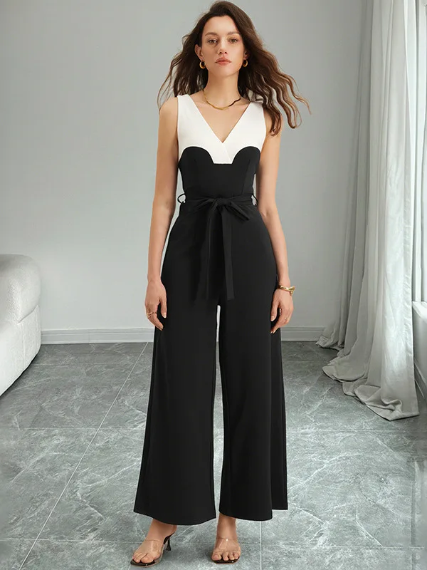 

High Waist Wide Leg Jumpsuit with Susps Color Blo Contrast Strapl Long Pants Fem Summer Thin Fabric Chinese Made