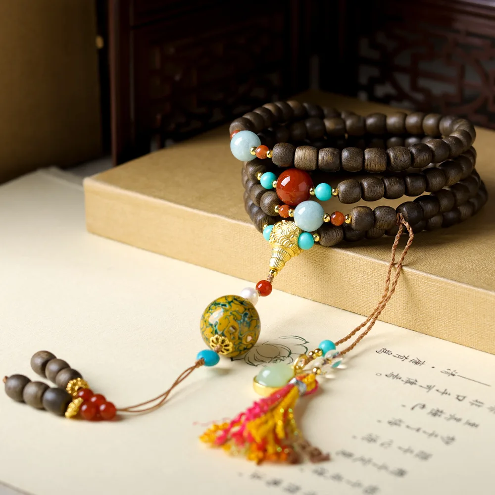 

Vietnamese Nha TrangWhite Agarwood Bead Bracelet with Lacquer BeadsNew Chinese-Style Traditional Aesthetic Bracelet and Necklace