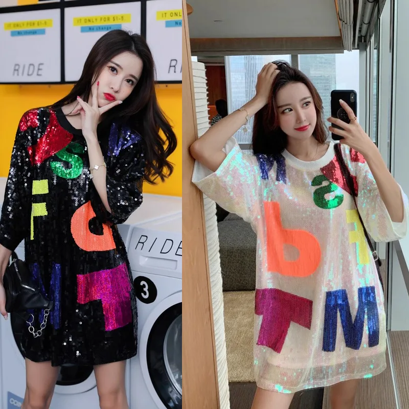 

Korean Fashion Brand O-Neck Tops Cartoon Sequins Short-Sleeved T-Shirt Skirt Summer Women's Loose Long Tees All-Match Clothes