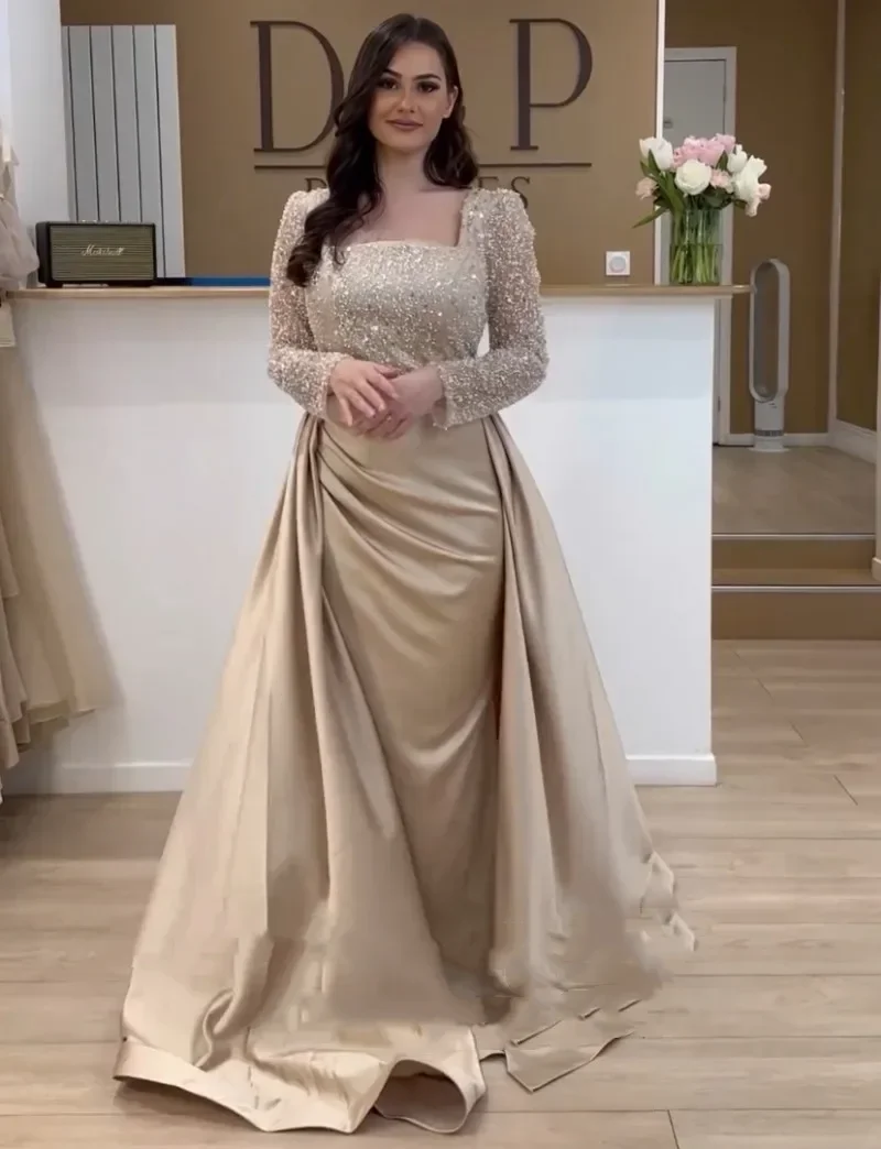 Flavinke Customized Robes De soirée Evening Dresses with Detachable Skirt Sequined Long Sleeves Mermaid Prom Wedding Party Gown