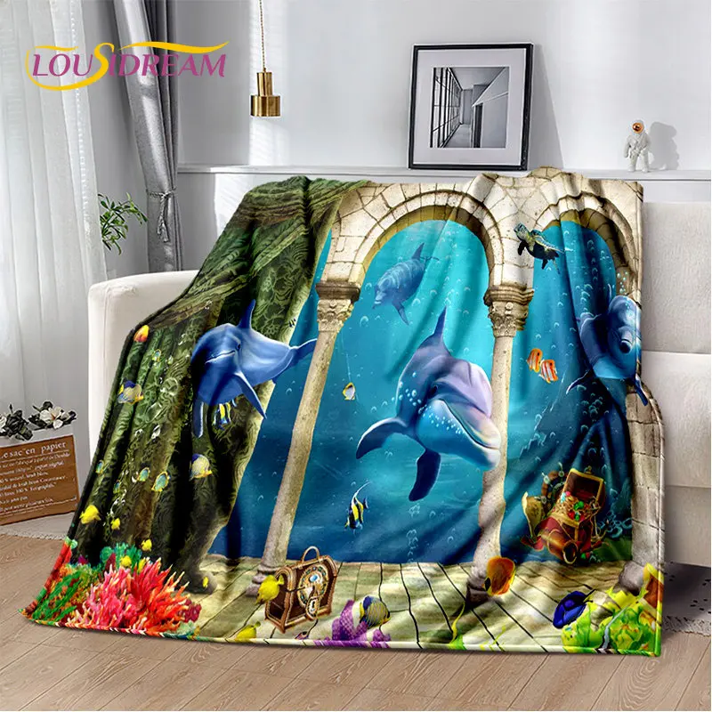 3D Seabed Illusion Underwater World Dolphin Fish Plush Blanket,Flannel Blanket Throw Blanket for Living Room Bedroom Beds Sofa