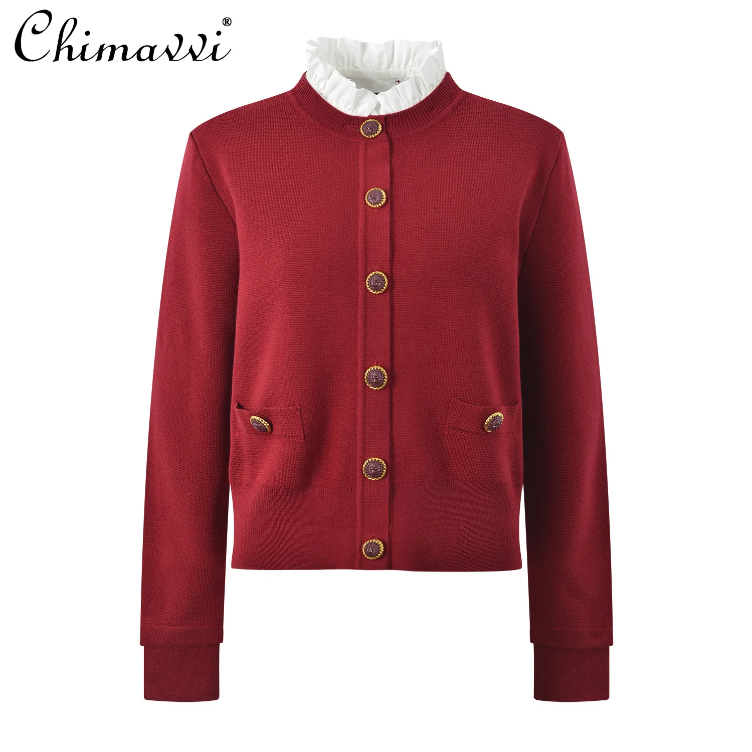 

French Socialite Ruffles Splicing Stand Collar Long Sleeve Metal Buckle Single-breasted Slim Fit Knitted Cardigan Women Autumn