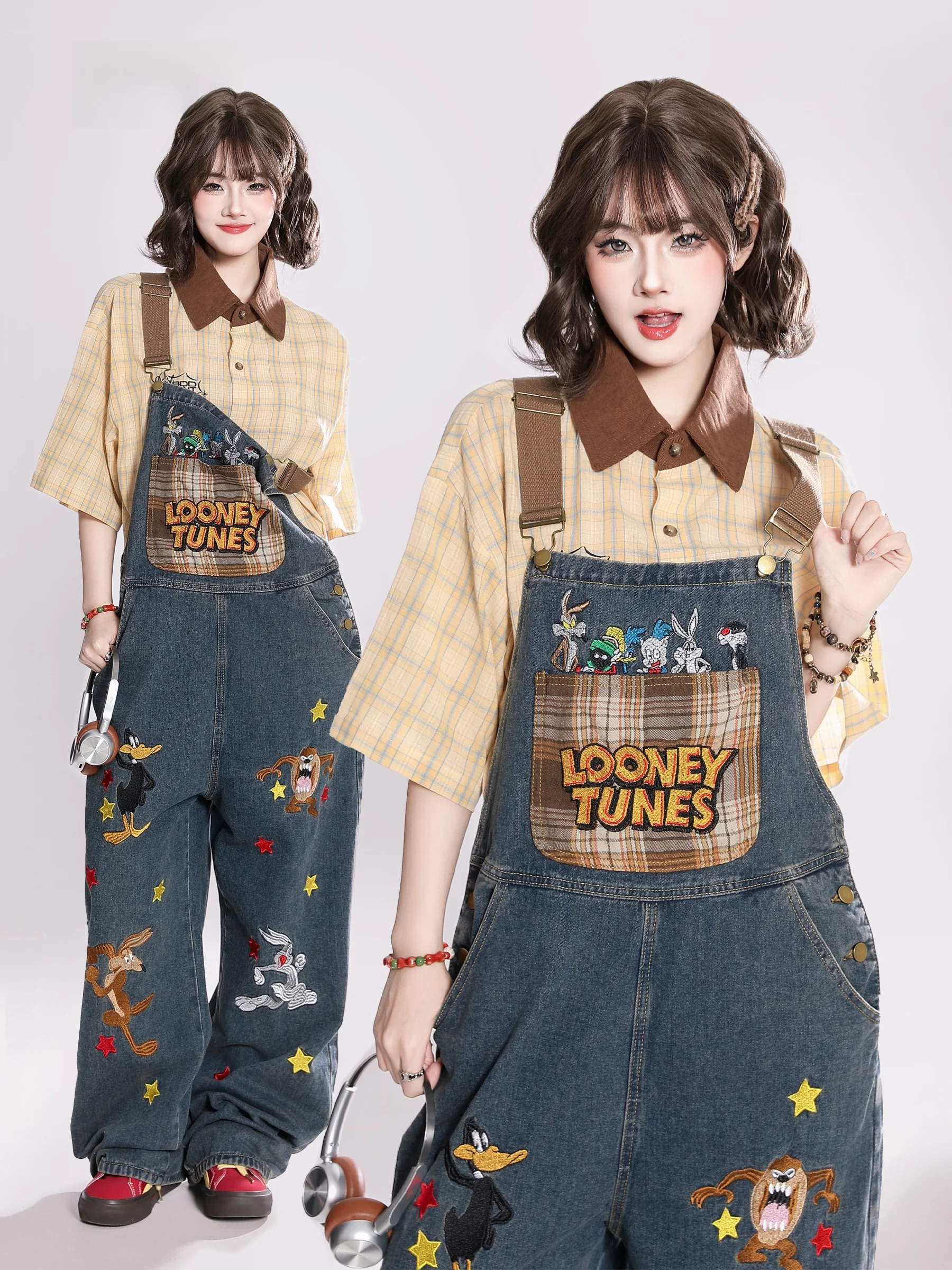 

HM американские ретро мультяшные джинсовые комбинезоны с вышивкой на талии, женские летние новые свободные длинные брюки, повседневные широкие джинсы с высокой талией