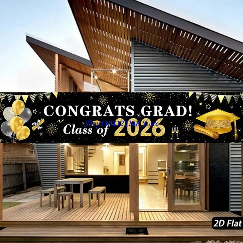 P9FA Class Of 2026 Graduation Backdrop Decors Polyester Fabric Banners Black Gold Color 200X40Cm Size For 2026 Students