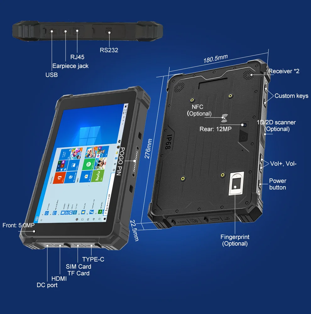 Durable 10.1 Inch Win 11 Tablet: 5G GPS,5550mAh Battery,12MP Camera,8/16G+128/256G SSD,1.2M Drop Proof,IP68,TPM Security,W10Y