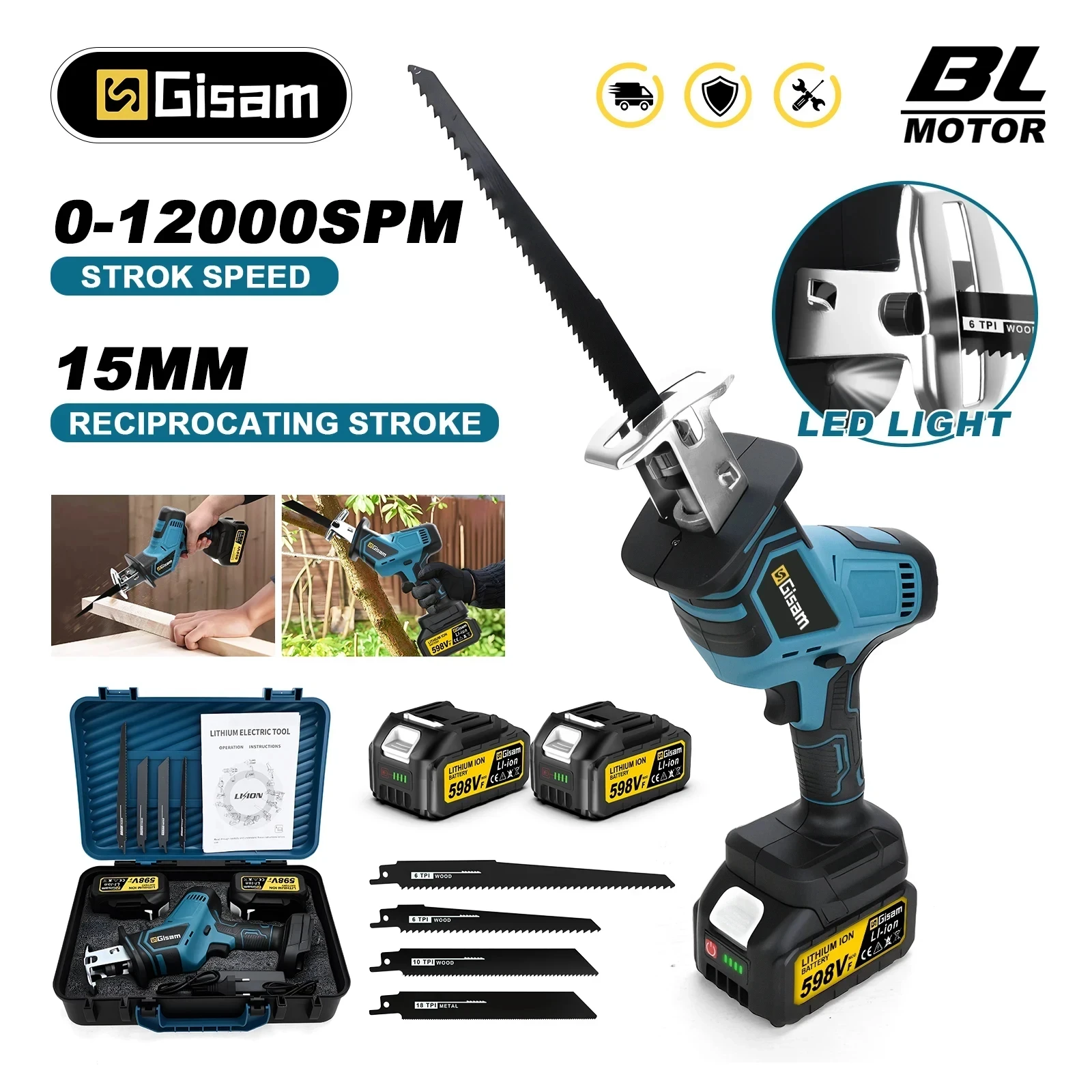 Gami 12000Spm scie alternative sans brosse 3600W tronçonneuse électrique sans fil outils de coupe du bois et du métal pour makita broches de batterie 18v