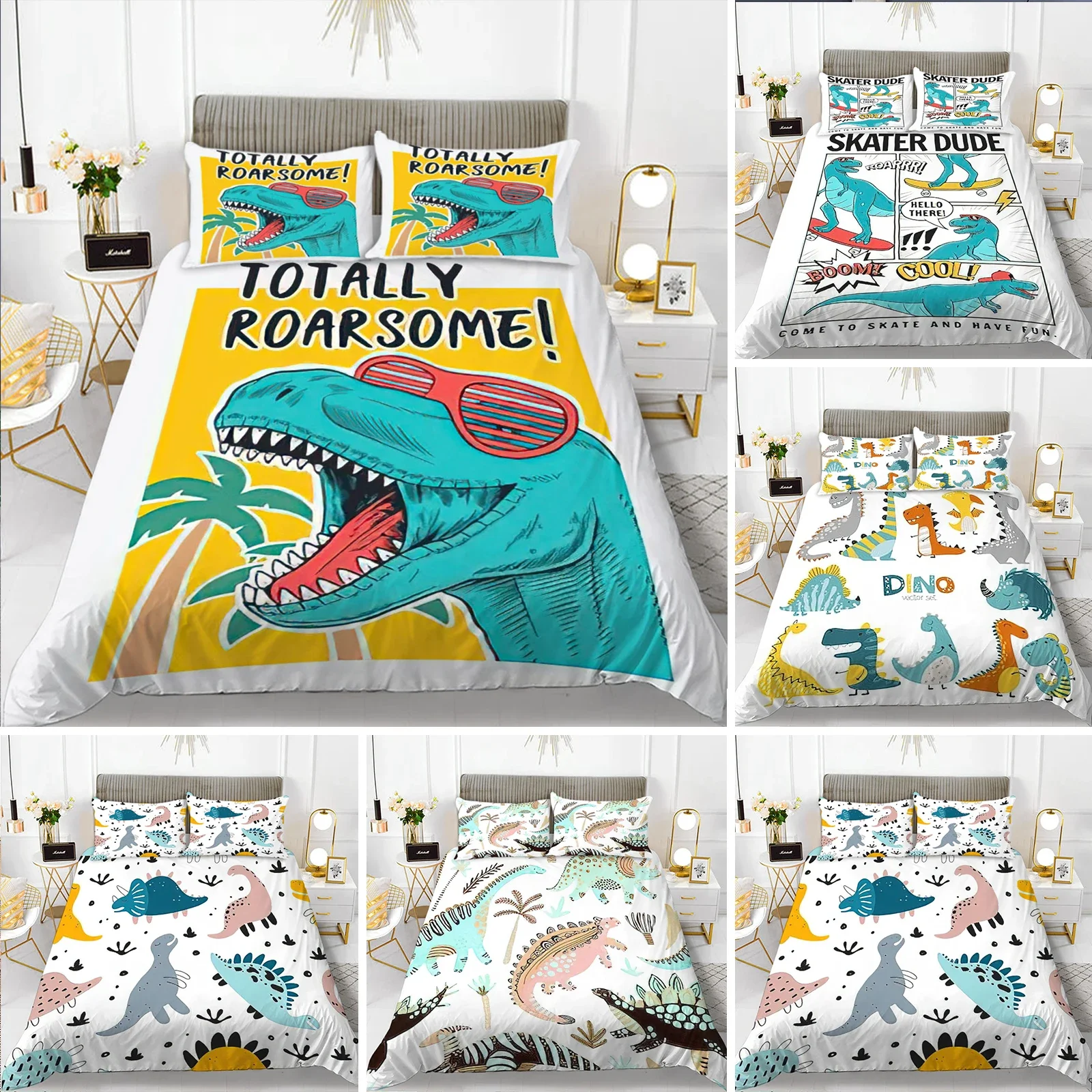 

3D Small Dinosaur Cartoon Cute Simple Bedding Set Couple King Single Size for Kids Children Polyester Quilt Cover Pillow Case