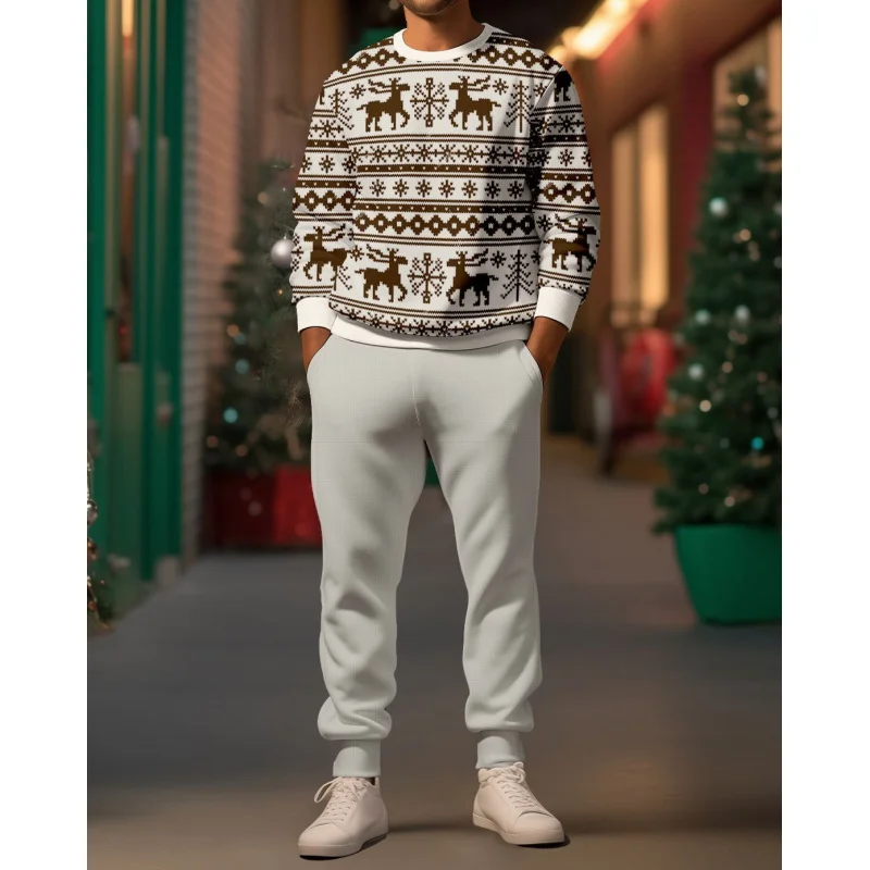 2024New Men\'s Suit Christmas Festival Clothing3DPrinted round Neck Long Sleeve and Trousers Two-Piece Set Fashion Men\'s Clothing