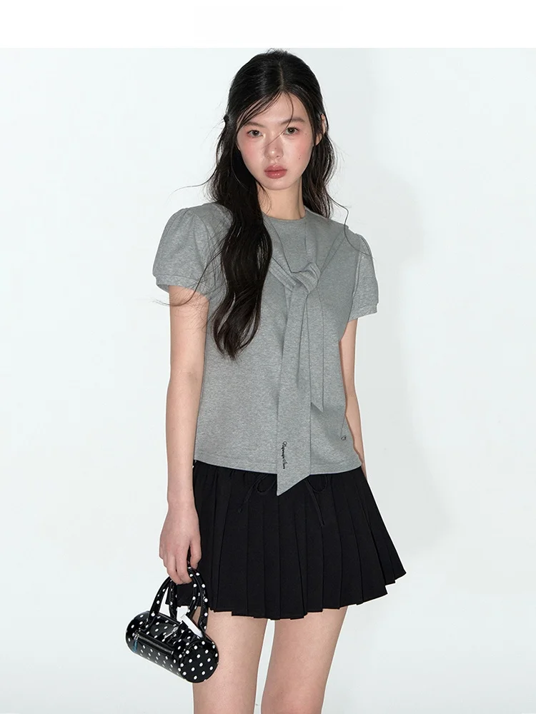 

TAKEANAP оригинальная темно-синяя футболка с воротником женская ort Sve Waist Cinched Bubble Sve Top Cute Sle однотонная смесь хлопка