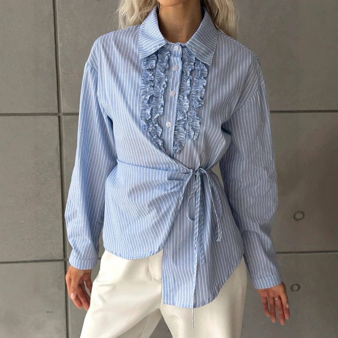 

Blue Lace Up Autumn Women Blouse Turn Down Collar Single Breasted Asymmetric Lady Shirt Korean-style Versatile Blouse For Female