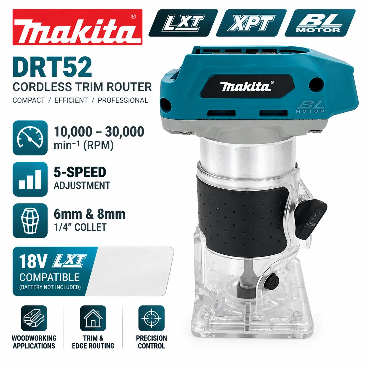 Makita 18V LXT Battery  Brushless Wood Trimmer DRT52 Cordless Router Adjustable Edge Slotting Milling Woodworking Power Tool