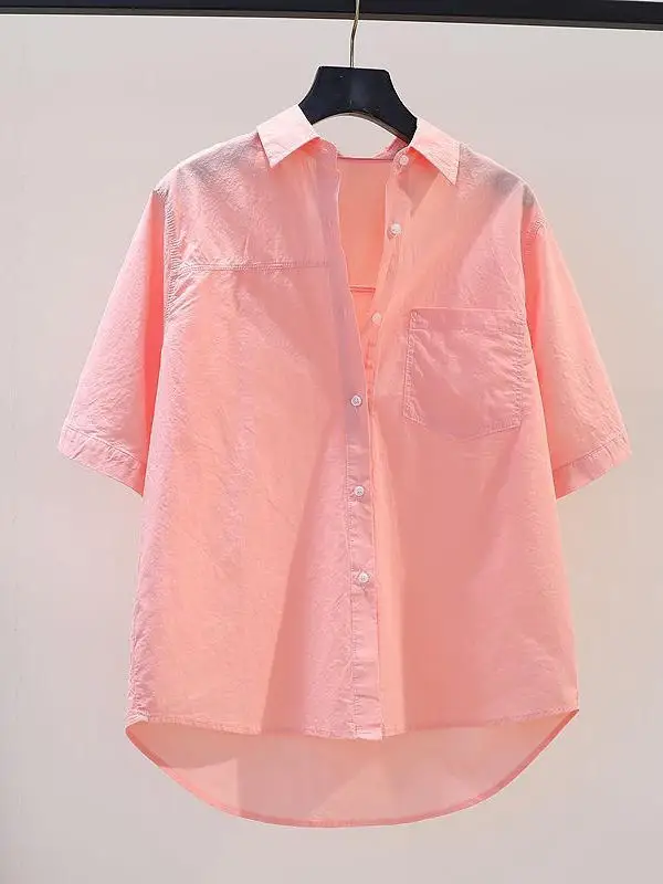 

Pink Cotton Casual irt Women's Single ket Loose Fit Summer 2025 Versatile Top Korean Sle Commute Faion Thin Material