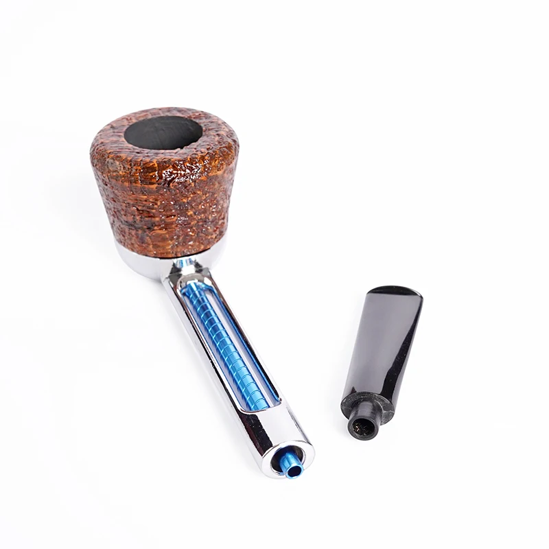 MUXIANG Briar wood tobacco pipe portable system pipe detachable metal straight handle pipe sandblasted bowl 3mm pipe channel