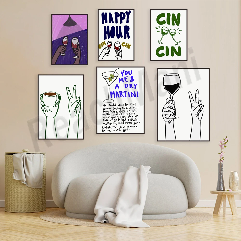 Cheers print, wine, martini, espresso, line art, retro drink art, mid century print, cocktail art bar cart wall decoration poste
