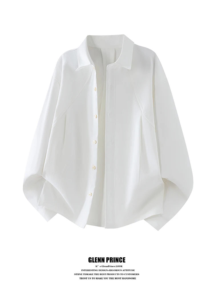 

American Trendy Deconstructed Pleated Pure White Long Sve Men's irt Loose Feel Commute irt Jaet Casual Sle Polyest...