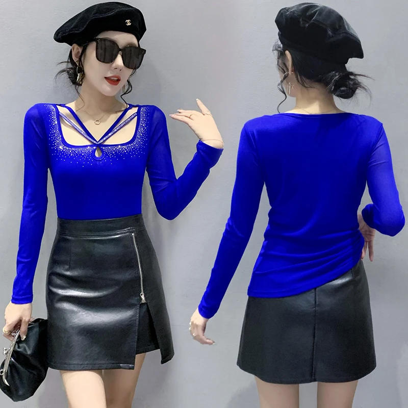 Mode coréenne femmes t-shirt évider maille diamant hauts 2025 printemps à manches longues chemise à bascule