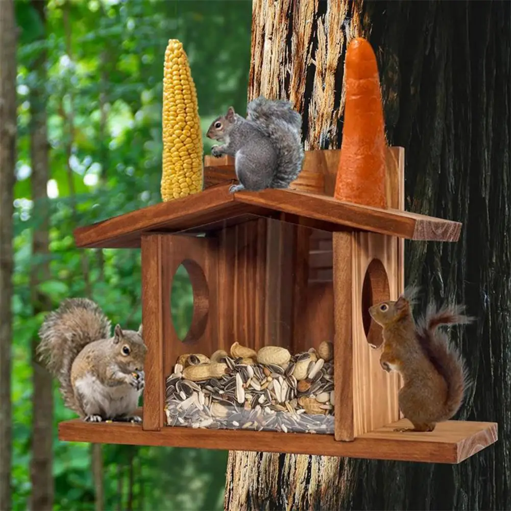 Screw-on Corn Holder for Squirrels Wooden Squirrel Feeder with Corn Cob Holder Peanut Tray for Outdoor Garden Decor for Squirrel