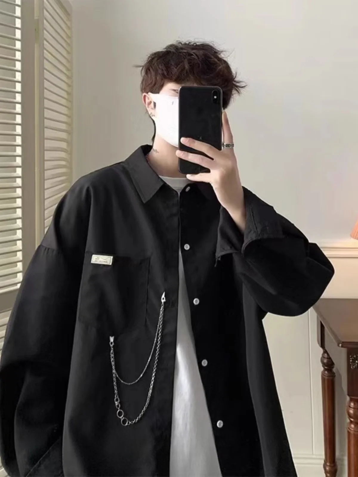 

Очень большое пальто 300 Pou Bla Long Sve Men's irt Spring Autumn Loose Hong Kong Sle Japanese orm Coat Casual irt