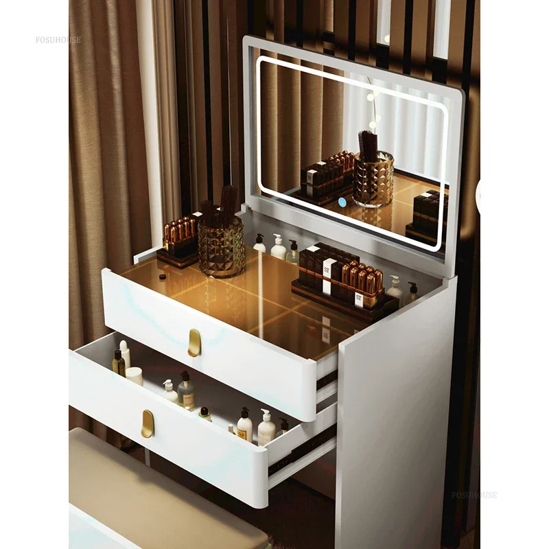 Italian Simple Dresser for Model Room Solid Wood Small Flip Mirror Dressers Light Luxury Household Dressing Table for Bedroom