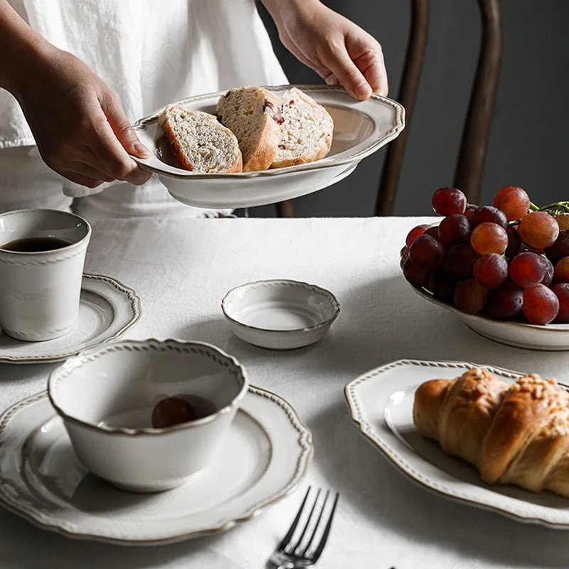 French Vintage Carved Ceramic Dishes and Plates Sets White Speckled Stripe Decorative Steak Pasta Dinner Plate Blows Tableware