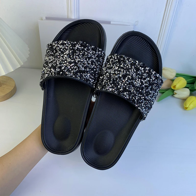 Summer Models Shoes Simple Fashion Women\'s Slippers Leisure Home Masonry Sequins EVA Lightweight Comfortable Black Flat