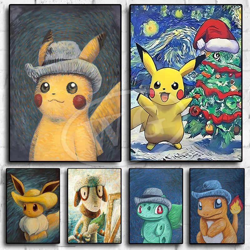 Van Gogh Museo Pokemon Anime Figure Pikachu Pittura ad acquerello Poster su tela e stampe Immagine di arte della parete per regali di Natale