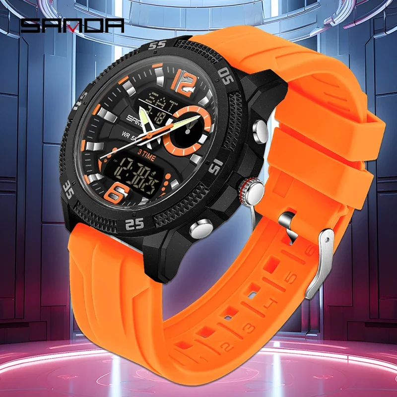 SANDA Fashion ساعات رجالية فاخرة مزدوجة شاشة ديجيتال رياضية تناظرية كوارتز ساعة يد كاجوال مقاومة للماء كرونوغراف من جل السيليكا