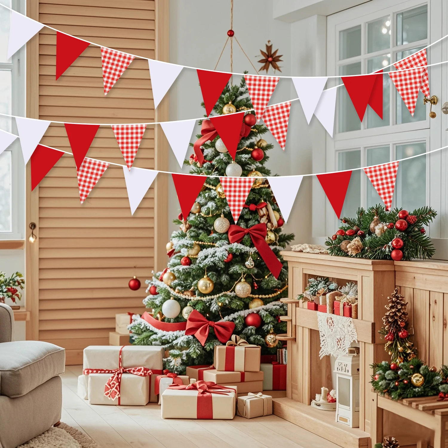 

72 PCS Red Plaid Checkered White Paper Pennant Flags Triangle Bunting Garland for Wedding Birthday Carnival Decorations