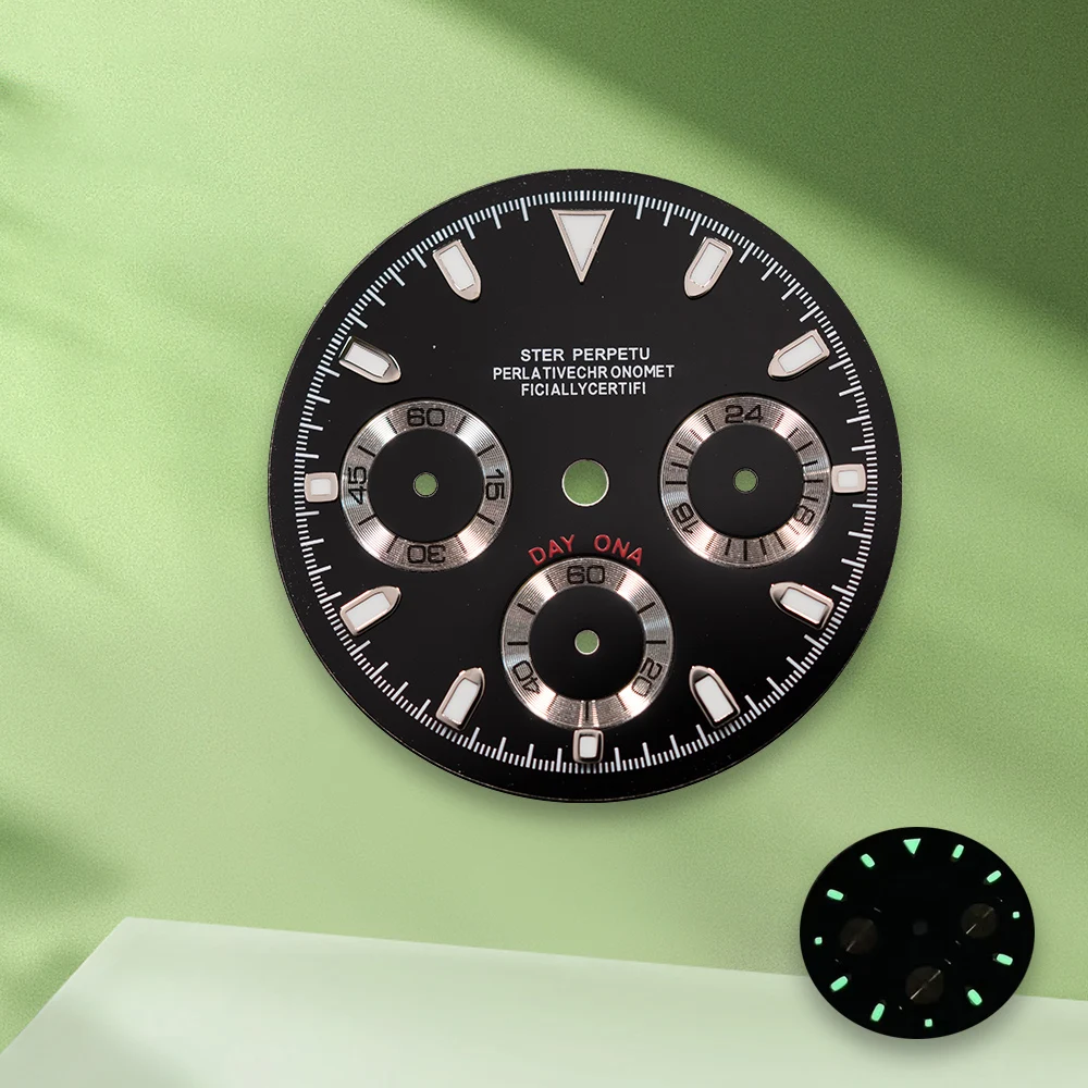 29.5Mm S Logo Dial Panda Putih VK63 Dial Lingkaran Dalam Hitam Tanpa Gerakan Tangan Aksesori Modifikasi Jam Tangan Bercahaya Hijau