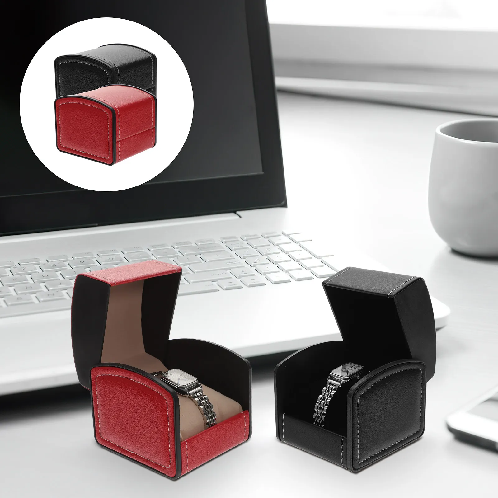 

Набор из 2 шт. стильных футляров для часов из ПУ, компактный портативный органайзер для хранения часов и аксессуаров, защита от ударов, подарок