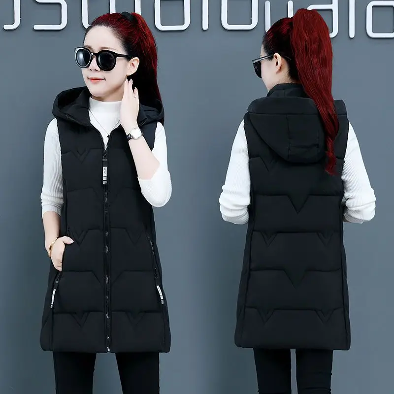 2023 New Women Fall Winter Cotton Horse Jacket Detachable Hat Versatile Slim Slim Mid Length Vest Sleeveless Coat