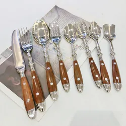 Western Food Cutlery Set Knife Fork Spoon Brown wooden handle knife fork  Stainless steel