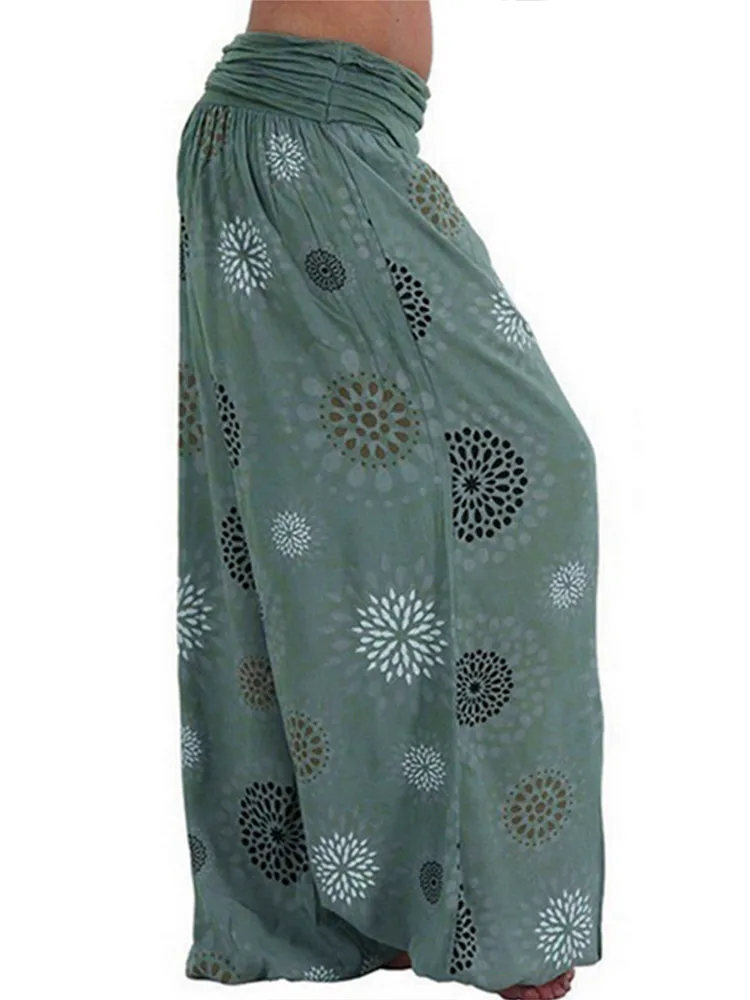 Women's Pants Floral Printed Patchwork Pleaded Harem Pants Bohemian Female High Waist Wide Leg Trousers Casual Ladies Streetwear