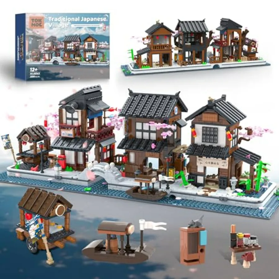 

Traditional Japanese Cherry Blossom Village Building Set Sakura Street View Architecture Building Block - Izakaya Tea House Col
