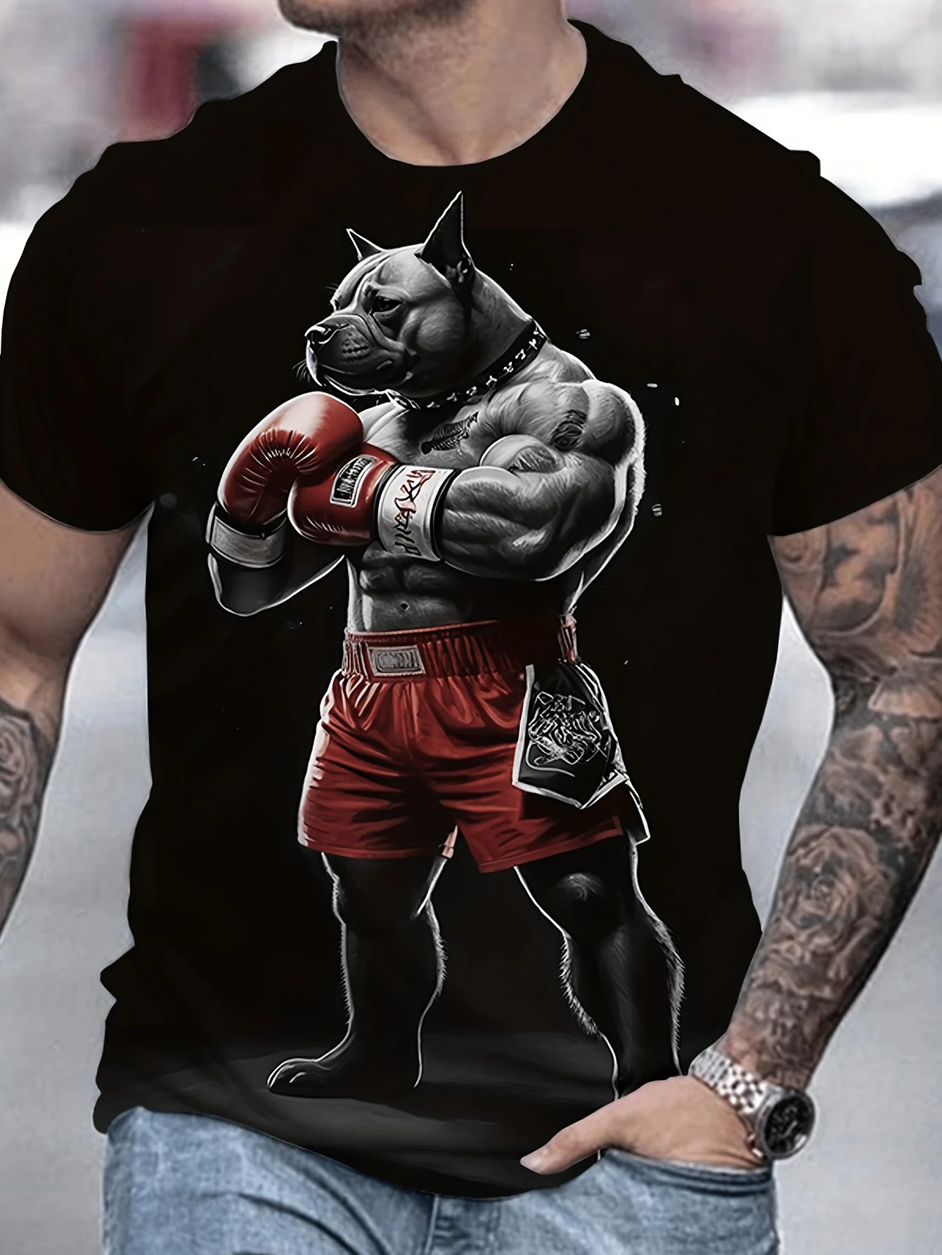 Gloves Boxer Dog Printed Quick-Drying Men's T-Shirt, Spring and Summer Fitness Street Top; Additional: Mother's Day Gift 