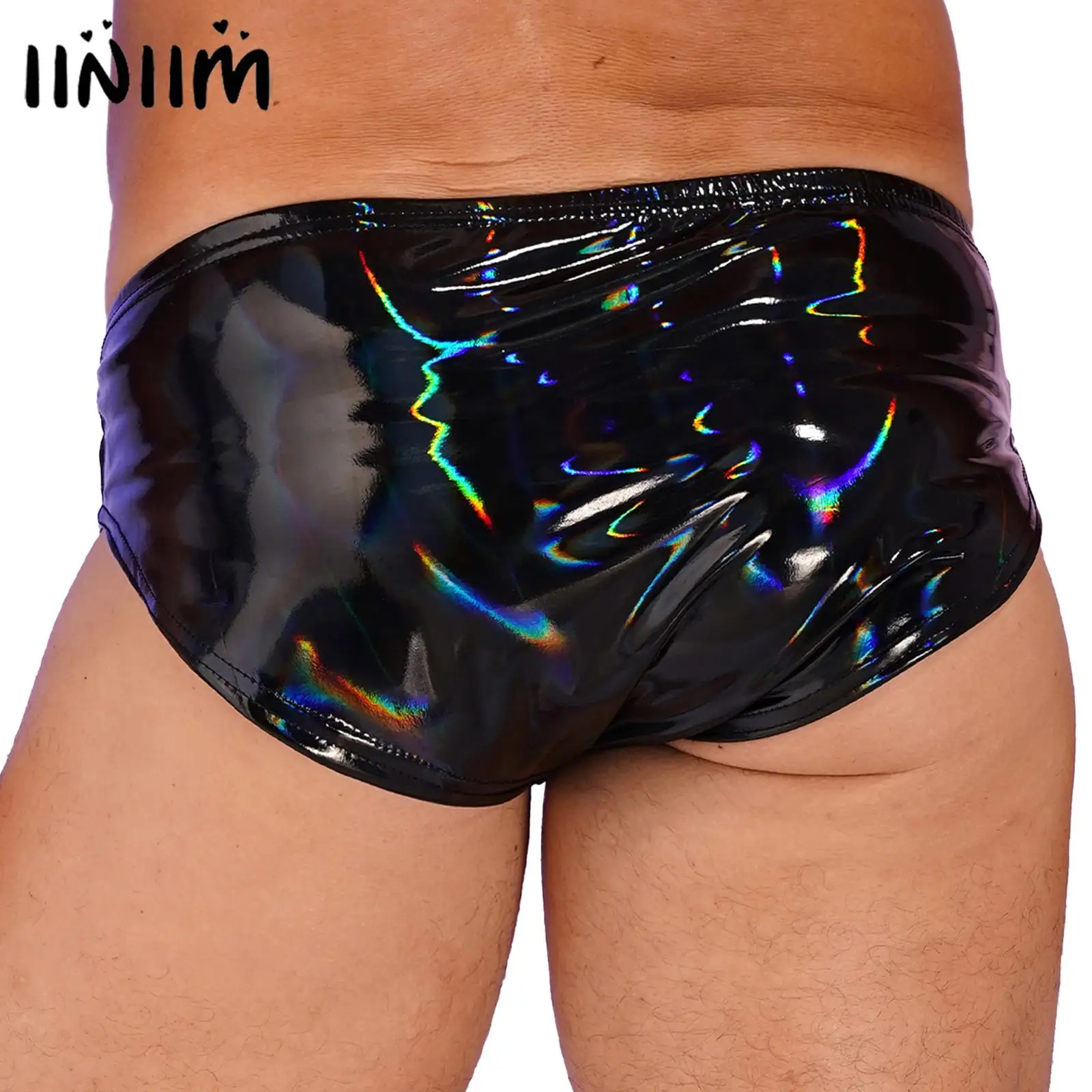 Mens Wet Look Patent Leather Underwear Pole Dancing Rave Costume Glossy Appearance Briefs Panties Elastic Waistband Underpants