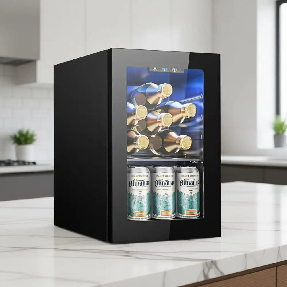 

Настольный мини-холодильник для вина с тихим компрессором и светодиодной подсветкой, 40 ° -61 ° Цифровой терморегулятор для дома и бара, черный