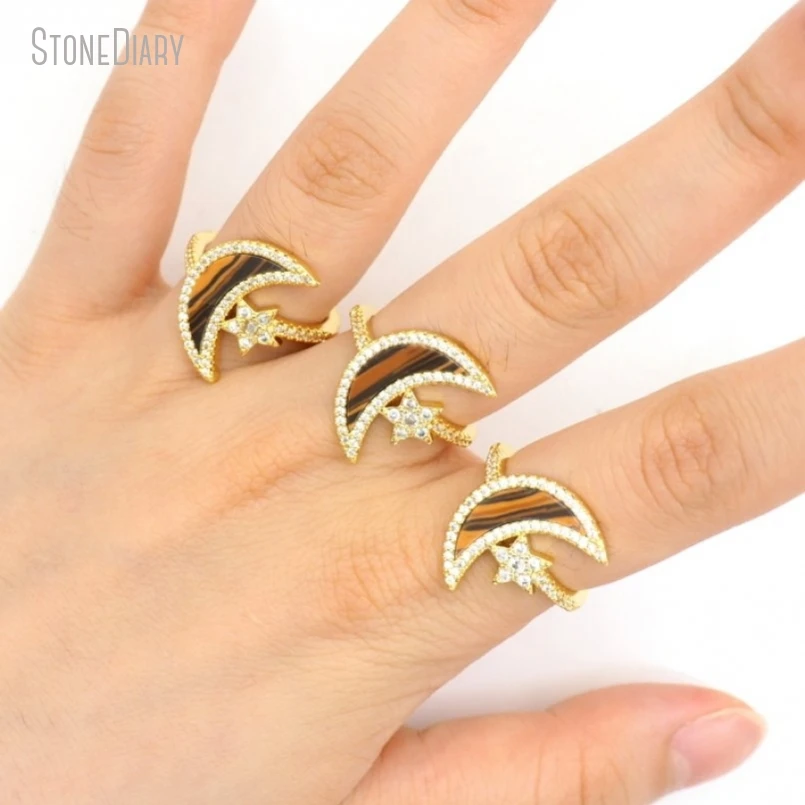 5Pcs Wholesale Boho Witch Crescent  Moon Shape Star Gold Color Tiger Eye Stone Ring RM50737