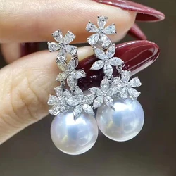Huitan Aesthetic Flower Imitation Pearl Bridal Wedding Earrings Sparkling Crystal Cubic Zirconia Luxury Trendy Jewelry for Women