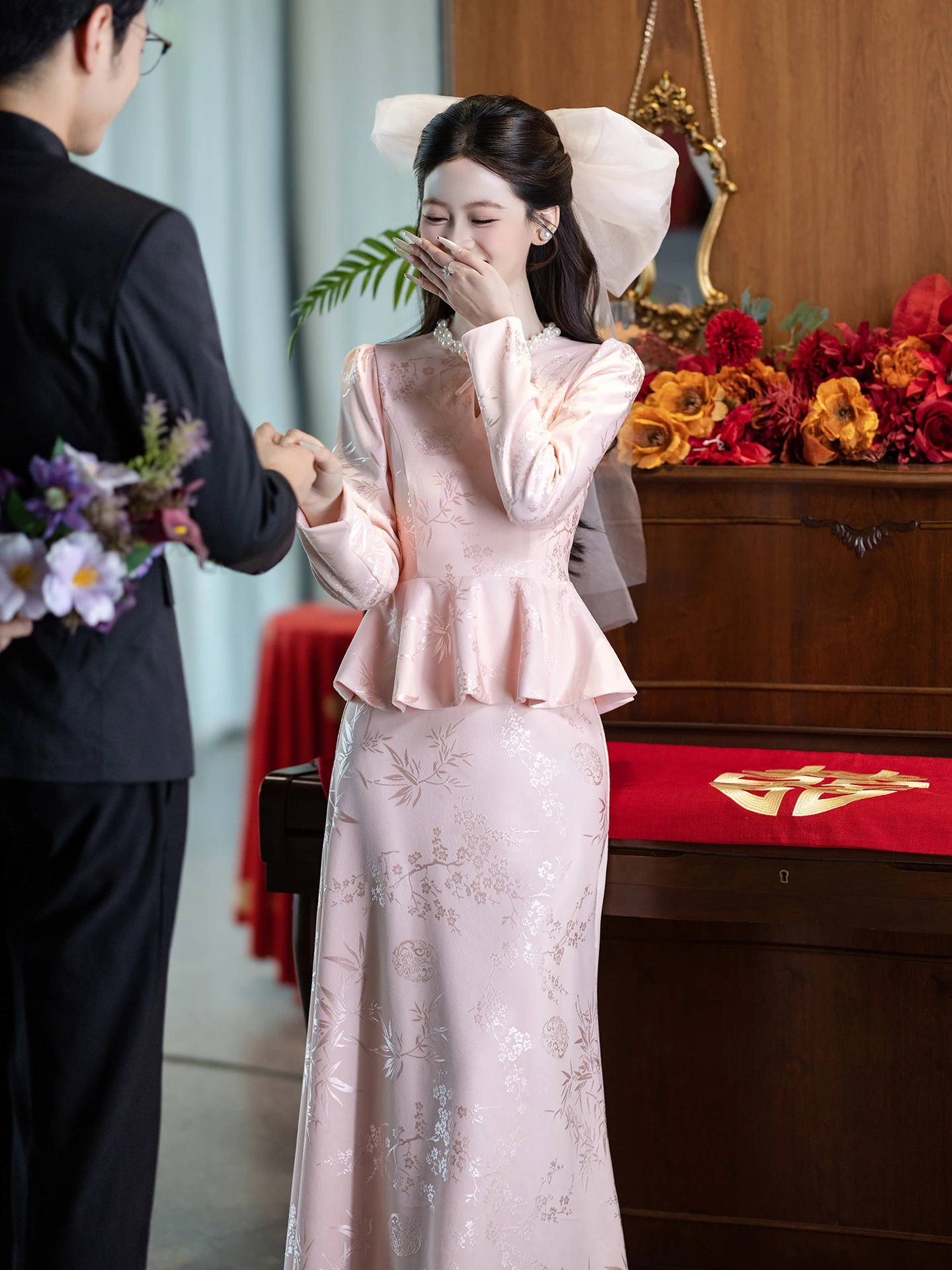 

Pink Wedding Dr Set Long Sve Women's Sle Engagement Ceremony Dr Cotail Par Dr Autumn Winter New Arrival