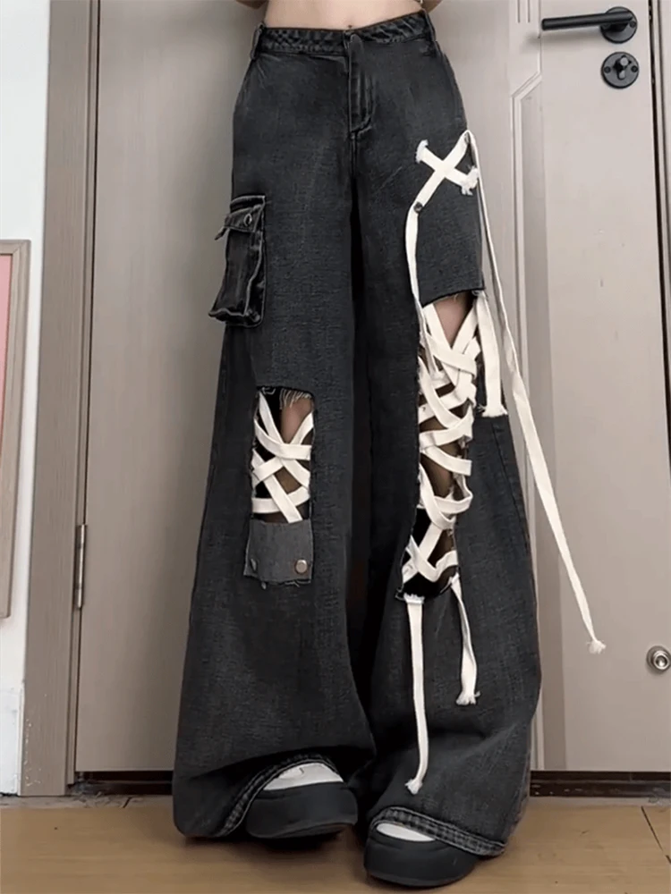 Summer Loose Full Length Street Lace-Up Hollow Out Female Wide Leg Pants American Simple Washed Distressed Fashion Women Jeans