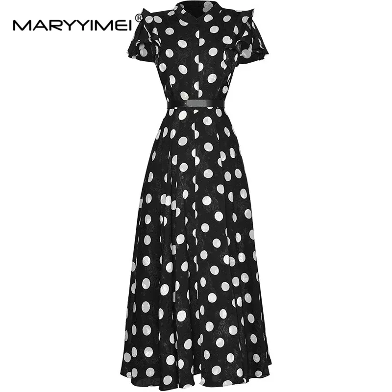 

MARYYIMEI Fashion Designer Spring Summer Women's Butterfly sleeve Sashes Dot Black Temperament Bohemian Holiday Dresses