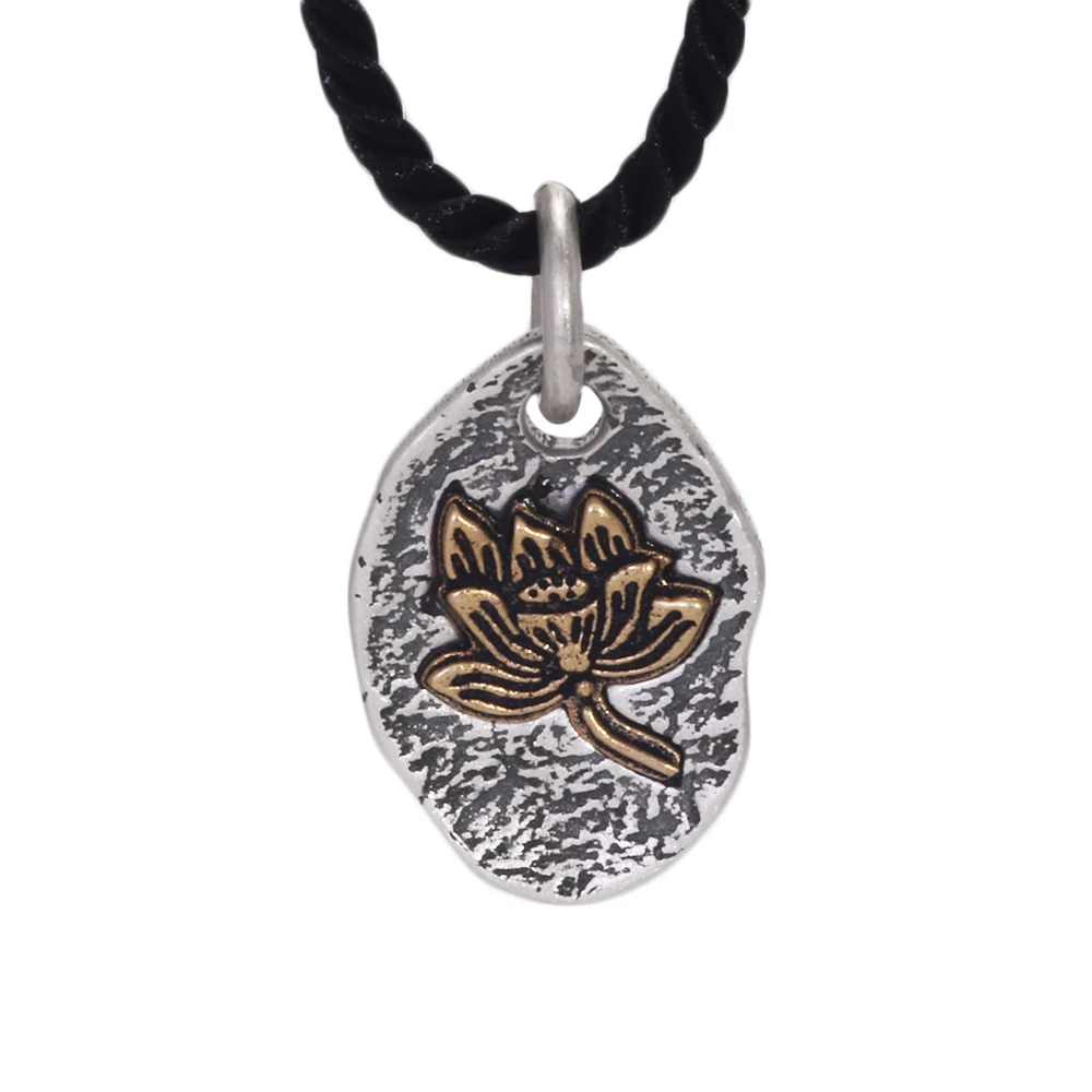 Vintage Tibetan 925 Sterling Silver Inlaid Copper Lotus Pendant Necklace for Men and Women\'s Jewelry Accessories
