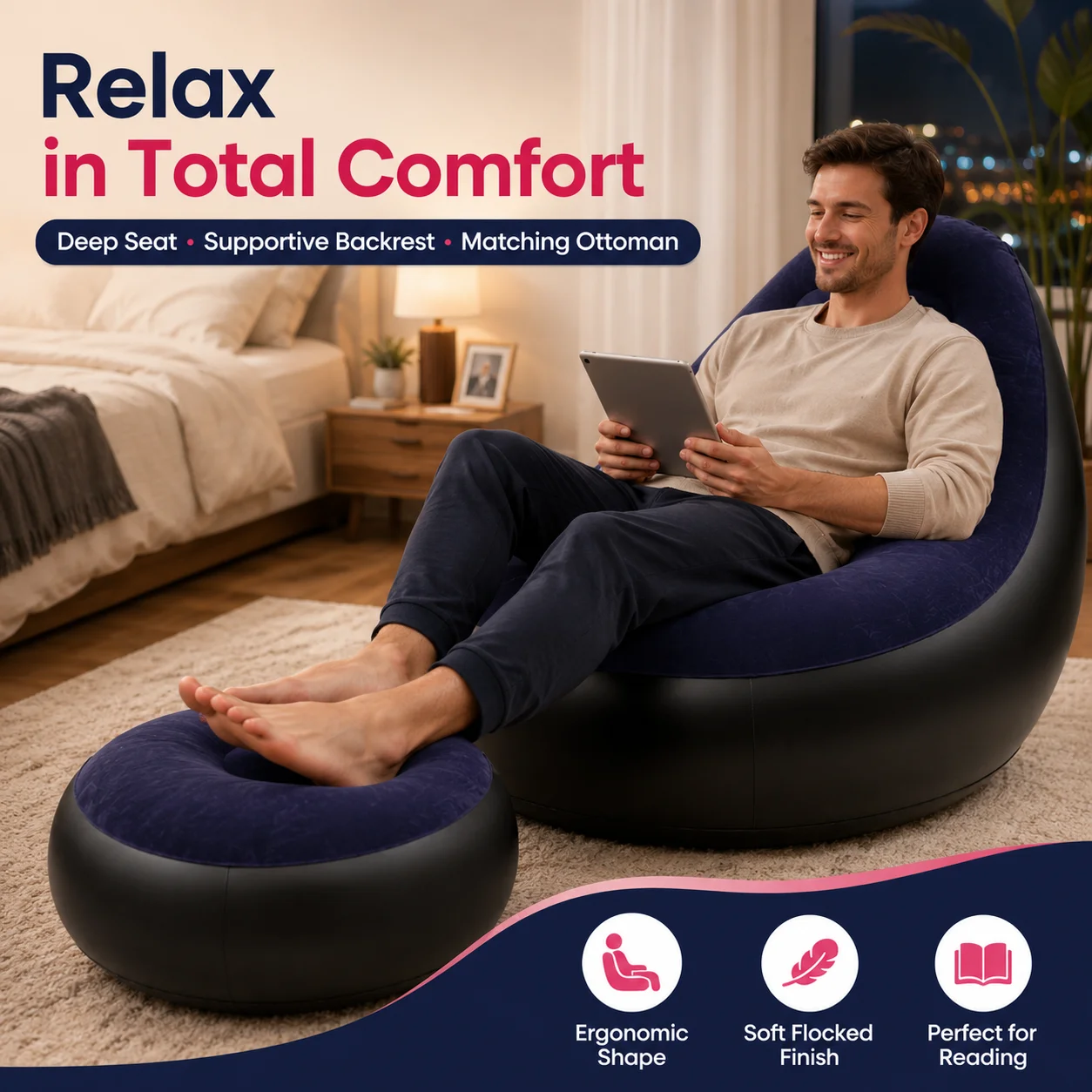 1PC Inflatable Lounge Chair, Portable Air Sofa Chair Flocked Surface, Comfortable Backrest Footrest for Bedroom